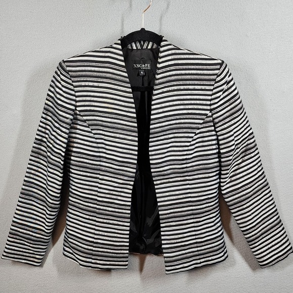 Xscape Jackets & Blazers - Xscape‎ Blazer Womens 4 Black White Striped Metallic Open Front Jacket Made USA